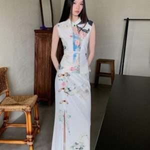 Chinese-Style Retro Mesh Printed Cheongsam Set for Women - Summer Vest Top with Split Skirt - Y2K Fashion
