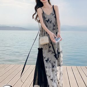Chinese-Style Spaghetti Strap Chiffon Dress for Women, Unique Fairy-Like Design, Long Seaside Vacation Dress, Boho Aesthetic