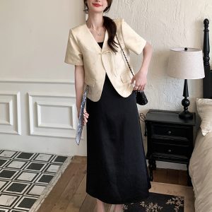 Chinese-Style Spaghetti Strap Dress and Suit Two-Piece Set, Trendy Long Skirt, Elegant National Wind Fashion 2025