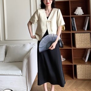 Chinese-Style Spaghetti Strap Dress and Suit Two-Piece Set, Trendy Long Skirt, Elegant National Wind Fashion 2025