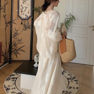 Chinese-Style White Dress for Women, Zen Fairy Long Skirt Three-Piece Set, Spring Summer 2025, Boho Chic National Wind Fashion