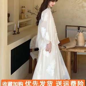 Chinese-Style White Dress for Women, Zen Fairy Long Skirt Three-Piece Set, Spring Summer 2025, Boho Chic National Wind Fashion