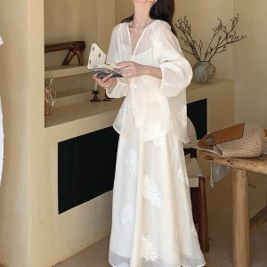 Chinese-Style White Dress for Women, Zen Fairy Long Skirt Three-Piece Set, Spring Summer 2025, Boho Chic National Wind Fashion