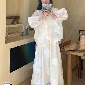 Chinese-Style White Dress for Women, Zen Fairy Long Skirt Three-Piece Set, Spring Summer 2025, Boho Chic National Wind Fashion