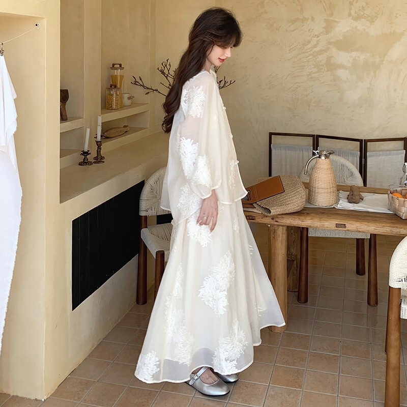 Chinese-Style White Dress for Women, Zen Fairy Long Skirt Three-Piece Set, Spring Summer 2025, Boho Chic National Wind Fashion