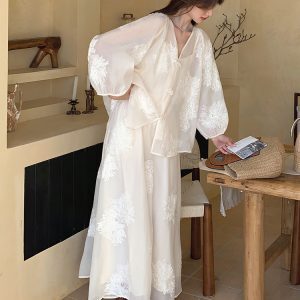 Chinese-Style White Dress for Women, Zen Fairy Long Skirt Three-Piece Set, Spring Summer 2025, Boho Chic National Wind Fashion