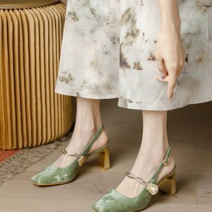 Chinese-Style Women's Backless High-Heeled Shoes, Retro Mary Jane Sandals with Thick Heels and Single Buckle, Qipao Inspired Footwear