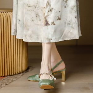 Chinese-Style Women's Backless High-Heeled Shoes, Retro Mary Jane Sandals with Thick Heels and Single Buckle, Qipao Inspired Footwear