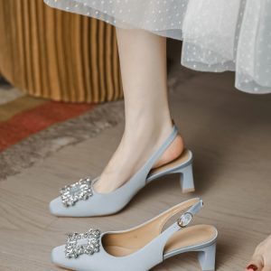 Chunky Heel Backless Open-Toe Sandals for Women, Water Drill Buckle Design, Summer 2025 French Style, Trendy Internet Celebrity Look