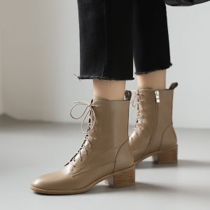 Chunky Heel Lace-Up Short Boots for Women - Genuine Leather Round Toe Mid Heel Martin Knight Boots for Autumn Winter Fashion