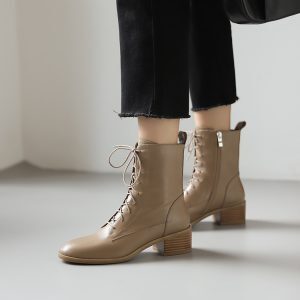 Chunky Heel Lace-Up Short Boots for Women - Genuine Leather Round Toe Mid Heel Martin Knight Boots for Autumn Winter Fashion