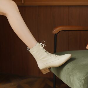 Chunky Heel Lace-Up Short Boots for Women - Genuine Leather Round Toe Mid Heel Martin Knight Boots for Autumn Winter Fashion