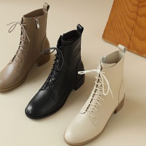 Chunky Heel Lace-Up Short Boots for Women - Genuine Leather Round Toe Mid Heel Martin Knight Boots for Autumn Winter Fashion