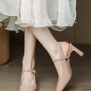 Chunky Heel Mary Jane Sandals for Women, Open-Back Square Toe, Nude Pink, Minimalist Summer Style, 2025 Trendy Fashion Footwear