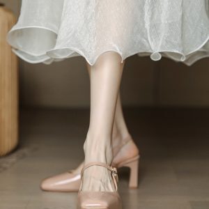 Chunky Heel Mary Jane Sandals for Women, Open-Back Square Toe, Nude Pink, Minimalist Summer Style, 2025 Trendy Fashion Footwear