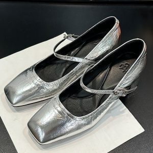 Chunky-Heeled Square-Toe Mary Jane Shoes, Genuine Leather, Glossy Finish, Versatile One-Strap Design for Women's Y2K Style