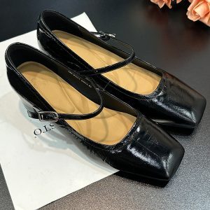 Chunky-Heeled Square-Toe Mary Jane Shoes, Genuine Leather, Glossy Finish, Versatile One-Strap Design for Women's Y2K Style