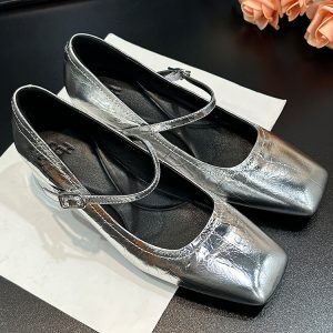 Chunky-Heeled Square-Toe Mary Jane Shoes, Genuine Leather, Glossy Finish, Versatile One-Strap Design for Women's Y2K Style