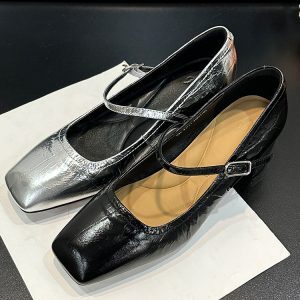Chunky-Heeled Square-Toe Mary Jane Shoes, Genuine Leather, Glossy Finish, Versatile One-Strap Design for Women's Y2K Style