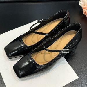 Chunky-Heeled Square-Toe Mary Jane Shoes, Genuine Leather, Glossy Finish, Versatile One-Strap Design for Women's Y2K Style