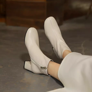 Chunky High-Heeled Slim Boots for Women, Genuine Leather Round-Toe Sock Ankle Boots, Versatile Fashion Footwear