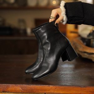 Chunky High-Heeled Slim Boots for Women, Genuine Leather Round-Toe Sock Ankle Boots, Versatile Fashion Footwear