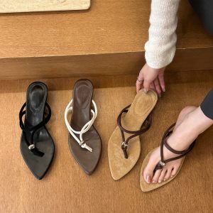 Cocoa Brown Women's Summer Low-Heeled Mule Sandals with Pointed Toe - Chic French Style for 90s and Y2K Fashion Enthusiasts