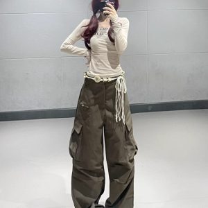 Coffee Color Pleated Wide-Leg Work Pants for Women - Vintage Multi-Pocket Jazz Dance Style, Thin Fabric, American 90s Fashion