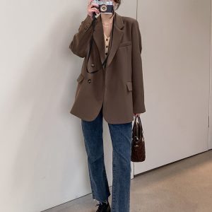 Coffee-Colored Korean-Style Loose Blazer Jacket for Women - Trendy Spring 2025 Fashion Suit Top for Autumn and Spring Wear