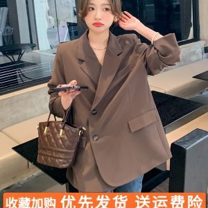 Coffee-Colored Korean-Style Loose Blazer Jacket for Women - Trendy Spring 2025 Fashion Suit Top for Autumn and Spring Wear