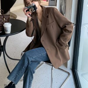 Coffee-Colored Korean-Style Loose Blazer Jacket for Women - Trendy Spring 2025 Fashion Suit Top for Autumn and Spring Wear