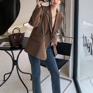 Coffee-Colored Korean-Style Loose Blazer Jacket for Women - Trendy Spring 2025 Fashion Suit Top for Autumn and Spring Wear