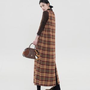 Coffee-Colored Plaid Fleece Sleeveless Dress for Women - Korean Style Retro Over-Knee Long Skirt for Autumn and Winter