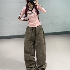Coffee-Colored Vintage Cargo Pants for Women - Hip-Hop Jazz Street Dance Parachute Style Casual Long Trousers