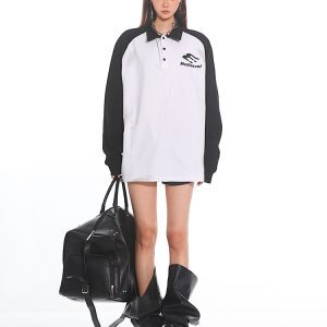 Color Block Black and White Vintage Polo Long Sleeve Sweatshirt for Women - 2025 New Style, Sports Inspired, Casual Fashion