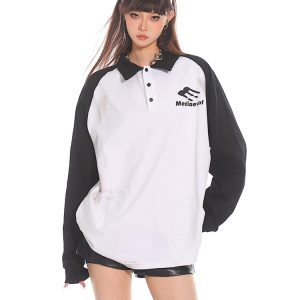 Color Block Black and White Vintage Polo Long Sleeve Sweatshirt for Women - 2025 New Style, Sports Inspired, Casual Fashion