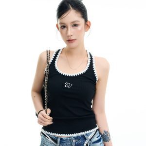 Color-Block Embroidered U-Neck Sleeveless Vest for Women - Summer Korean Style Slim Fit Versatile Off-Shoulder Top