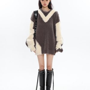 Color-Block Imitation Mink V-Neck Long Sleeve Sweater for Women - Lazy Style Autumn Winter Fashion Essential