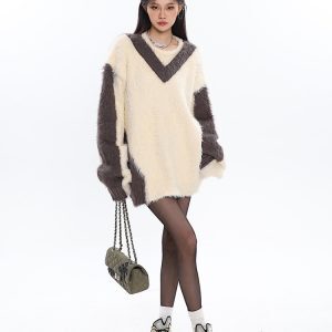 Color-Block Imitation Mink V-Neck Long Sleeve Sweater for Women - Lazy Style Autumn Winter Fashion Essential