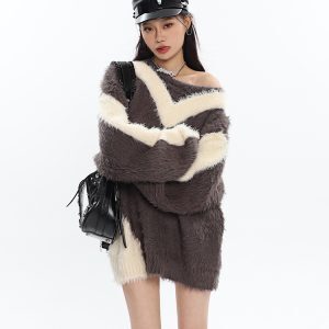 Color-Block Imitation Mink V-Neck Long Sleeve Sweater for Women - Lazy Style Autumn Winter Fashion Essential