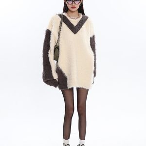 Color-Block Imitation Mink V-Neck Long Sleeve Sweater for Women - Lazy Style Autumn Winter Fashion Essential