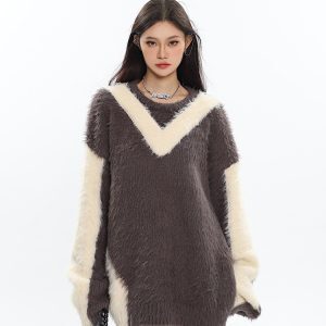 Color-Block Imitation Mink V-Neck Long Sleeve Sweater for Women - Lazy Style Autumn Winter Fashion Essential
