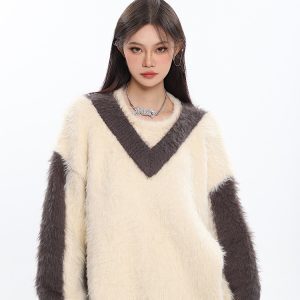 Color-Block Imitation Mink V-Neck Long Sleeve Sweater for Women - Lazy Style Autumn Winter Fashion Essential