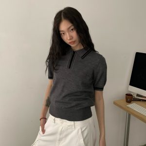Color-Block Knitted T-Shirt for Men and Women - Retro American Polo Style, Short Sleeve Summer Casual Top, Trendy 90s Vibe