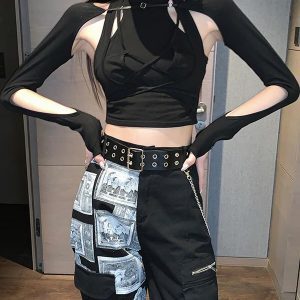 Color-Block Layered K-Pop Tie-Up Top and Performance Work Pants Set - Cool Spicy Girl Group Style Jazz Dance Outfit for Women