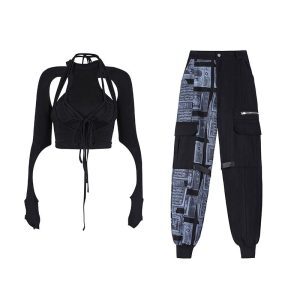Color-Block Layered K-Pop Tie-Up Top and Performance Work Pants Set - Cool Spicy Girl Group Style Jazz Dance Outfit for Women