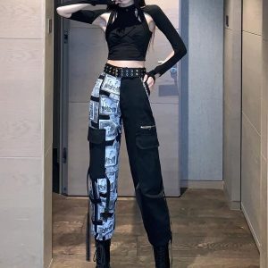 Color-Block Layered K-Pop Tie-Up Top and Performance Work Pants Set - Cool Spicy Girl Group Style Jazz Dance Outfit for Women