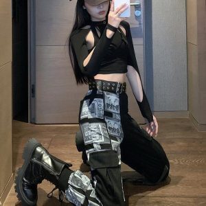 Color-Block Layered K-Pop Tie-Up Top and Performance Work Pants Set - Cool Spicy Girl Group Style Jazz Dance Outfit for Women