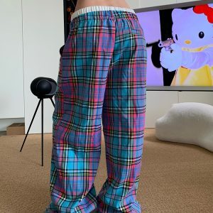 Color Block Plaid Draped Double Waist Casual Pants for Men and Women - Unisex Loose Wide Leg Style for Spring Summer Fashion