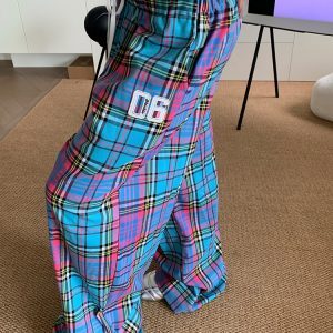 Color Block Plaid Draped Double Waist Casual Pants for Men and Women - Unisex Loose Wide Leg Style for Spring Summer Fashion